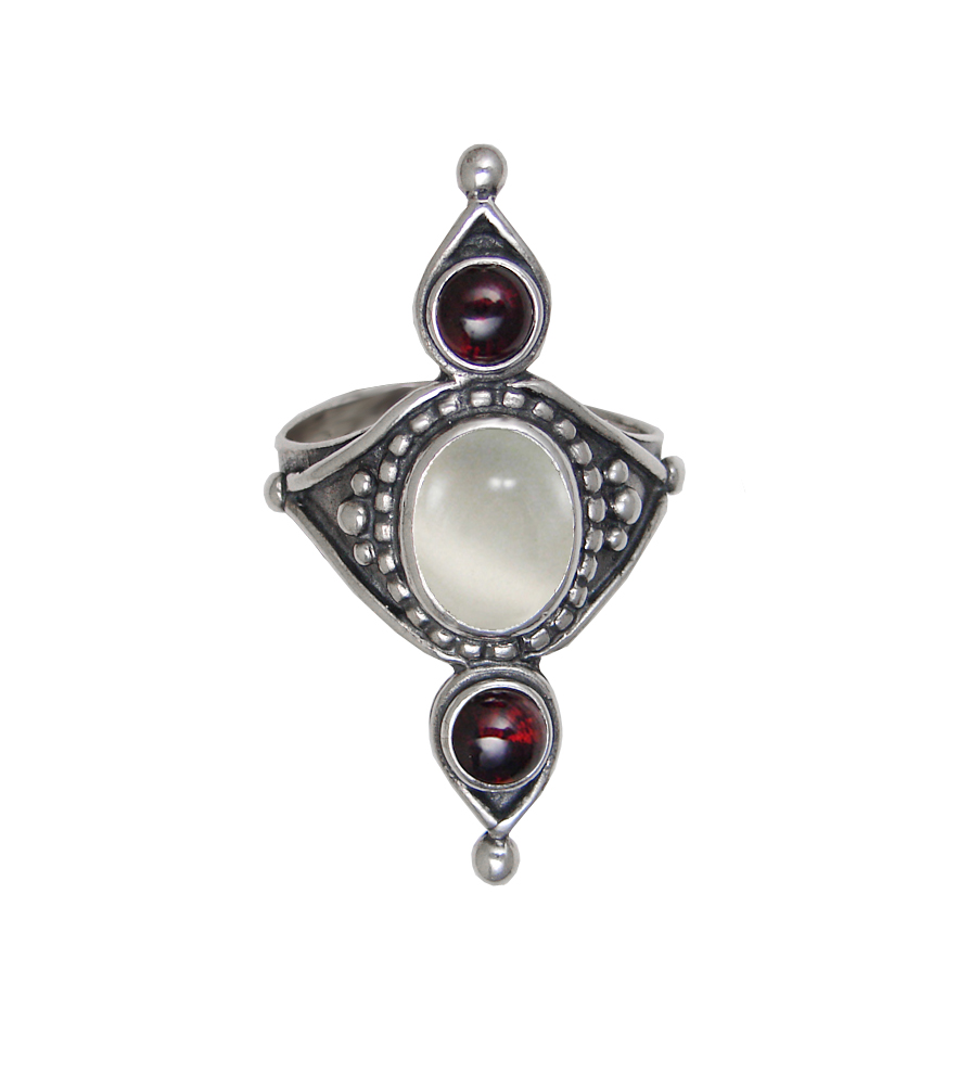 Sterling Silver Royal Ring With White Moonstone And Garnet Size 9